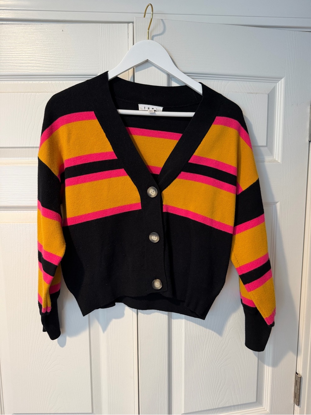 THML Black Cardigan with Mustard and Hot Pink Stripes